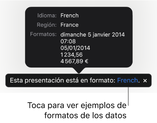 La notificación de la configuración de idioma y formato distinto, con ejemplos del formato en ese idioma y región.