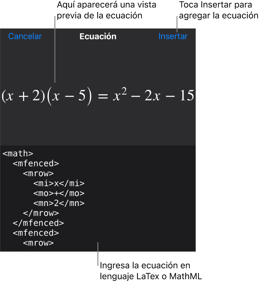 El cuadro de diálogo Ecuación con una ecuación escrita con comandos de MathML y una vista previa de la fórmula encima.