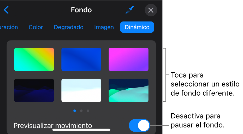 Los controles de fondo dinámico con las miniaturas de estilo de fondo y el botón Previsualizar movimiento.