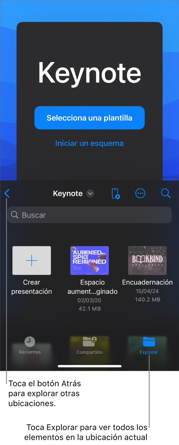 La vista de exploración del administrador de documentos con el botón Atrás en la esquina superior izquierda y debajo de ella, un campo de búsqueda. En la esquina superior derecha se encuentran los botones Agregar, Más y Remoto. En la parte inferior de la pantalla están los botones Recientes, Compartidos y Explorar.