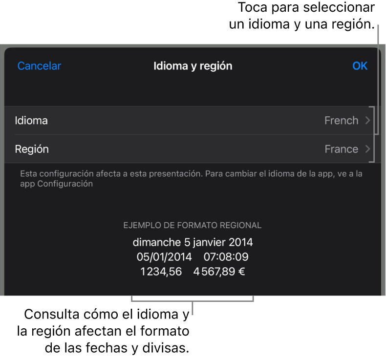 El panel Idioma y región con controles para el idioma y la región, y un ejemplo de formato que incluye una fecha, una hora, y formatos decimales y de moneda.