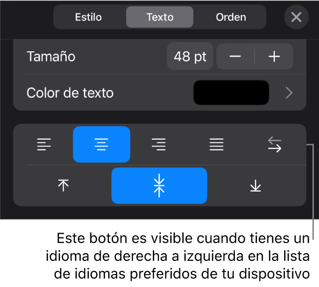 Los controles de texto se encuentran en el menú de Formato, con un mensaje que señala el botón De derecha a izquierda.