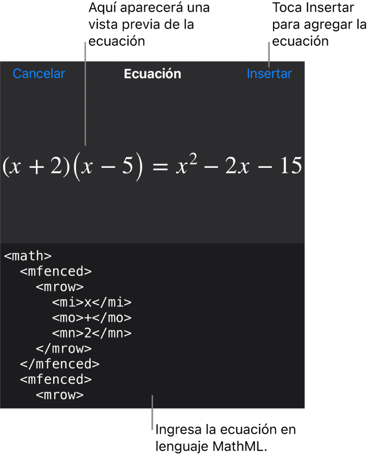 El cuadro de diálogo Ecuación con una ecuación escrita con comandos de MathML y una vista previa de la fórmula encima.