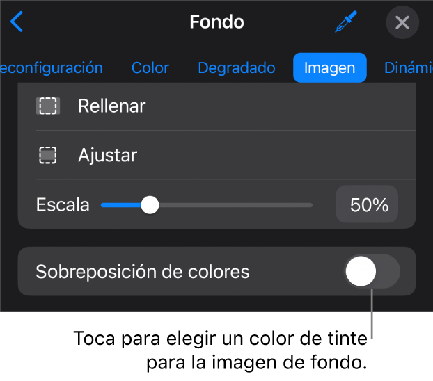 Los controles Fondo con una imagen establecida como fondo de la diapositiva y el control Sobreposición de colores en la parte inferior.