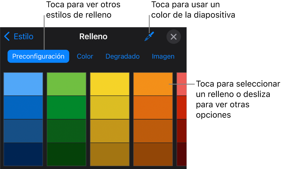 Opciones de relleno en la pestaña Estilo.