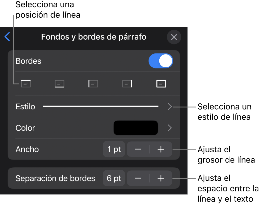 Controles para cambiar el estilo de línea, grosor, posición y color.