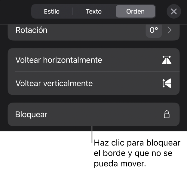 Los controles Disposición del menú Formato con un mensaje en la opción Bloquear.