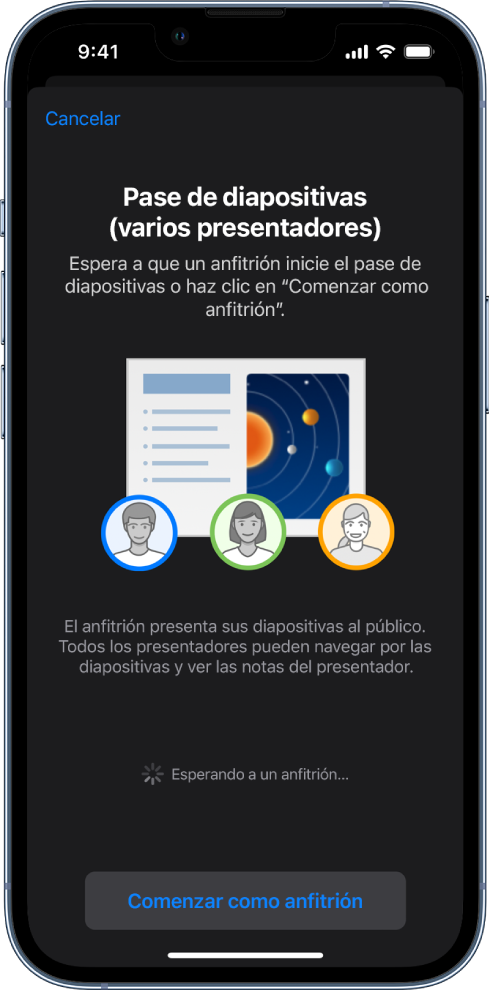 Una ventana con presentaciones con varios presentadores y el botón “Comenzar como anfitrión” en la parte inferior.