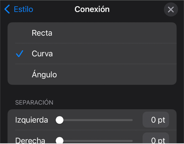 Controles de Conexión con la opción Curva seleccionada.