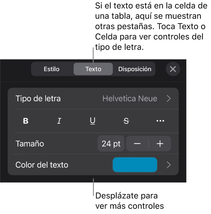 Controles de texto en el menú Formato para configurar los estilos de párrafo y carácter, tipo de letra, tamaño y color.