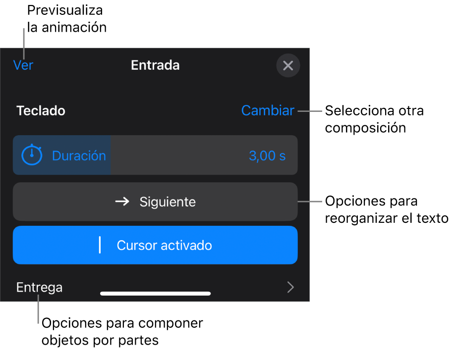 Las opciones de composición incluyen Duración, “Animación del texto” y Entrega. Toca Cambiar para seleccionar otra composición o toca Previsualización para previsualizar la composición.