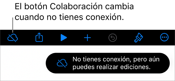 Los botones de la parte superior de la pantalla, con el botón Colaboración cambiado a una nube con una línea diagonal que la atraviesa. Un aviso en la pantalla dice “No tienes conexión, pero aún puedes realizar ediciones”.