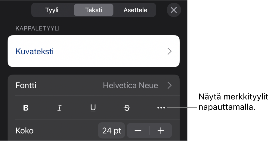 Muoto-säätimet, joiden yläreunassa on kappaletyylit, ja Fontti-säätimet. Fontin alla on seuraavat painikkeet: Lihavointi, Kursivointi, Alleviivaus, Yliviivaus ja Lisää tekstivalintoja.