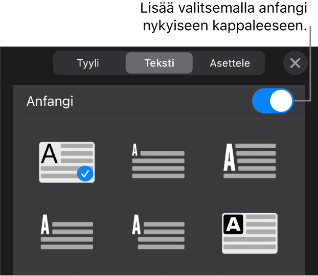 Anfangi-säätimet Teksti-valikossa.