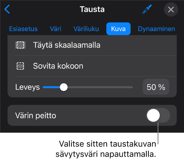 Tausta-säätimet, joissa kuva on asetettu dian taustaksi, ja Värin täyttö -säädin näkyy alareunassa.