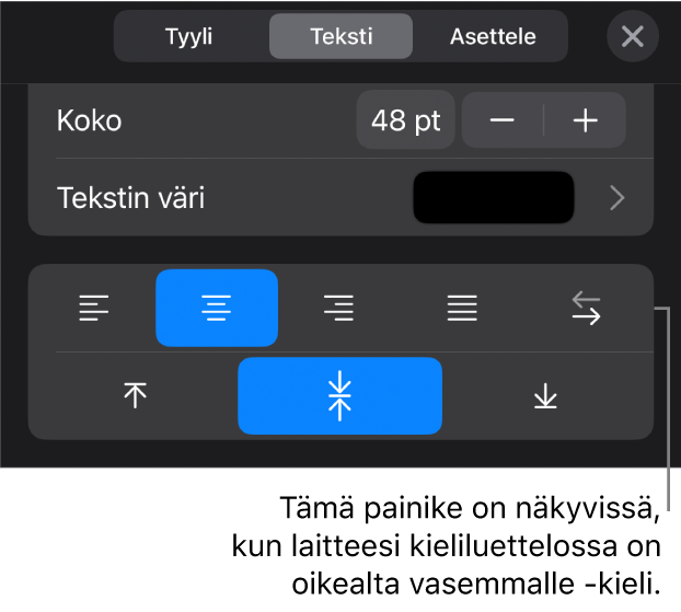 Muoto-valikon tekstisäätimet ja selite Oikealta vasemmalle -painikkeeseen.