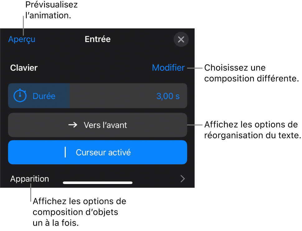 Les options de composition comprennent Durée, Animation du texte et Apparition. Touchez Modifier pour choisir une composition différente, ou touchez Aperçu pour la prévisualiser.