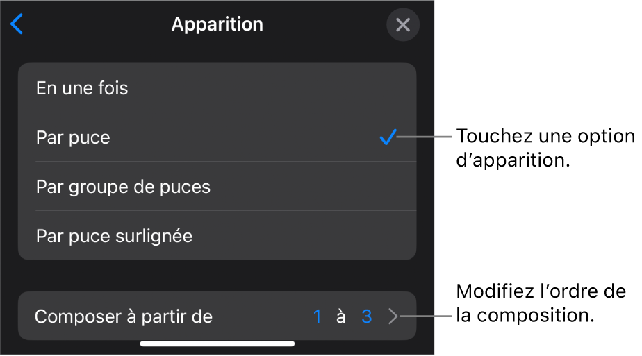 Options d’apparition de la sous-fenêtre Entrée.