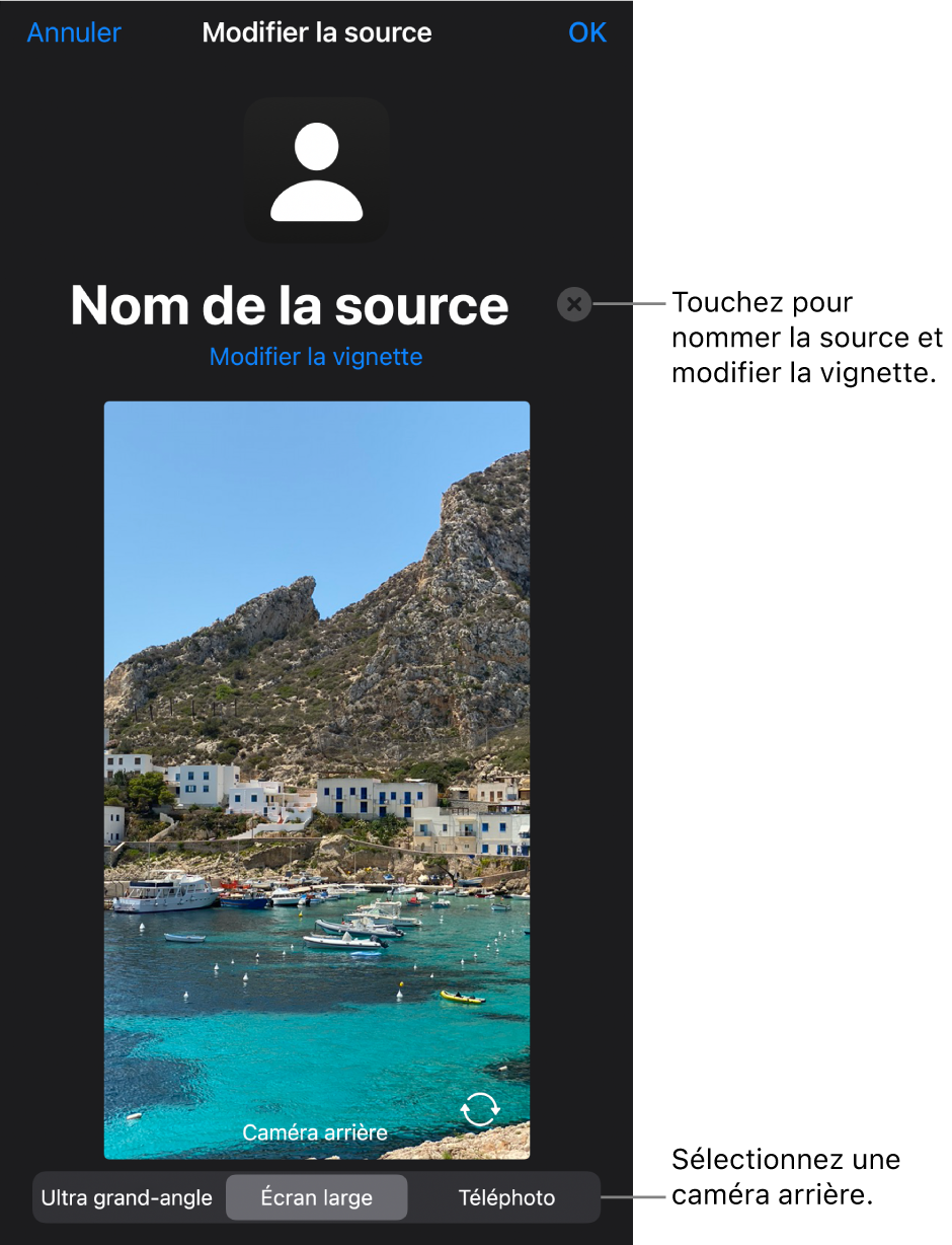 Fenêtre Nouvelle source avec les commandes de modification de la vignette et du nom de la source au-dessus d’un aperçu en direct provenant de la caméra. Si votre iPhone possède plusieurs caméras arrière, des boutons permettant de les sélectionner sont affichés en bas de l’écran.