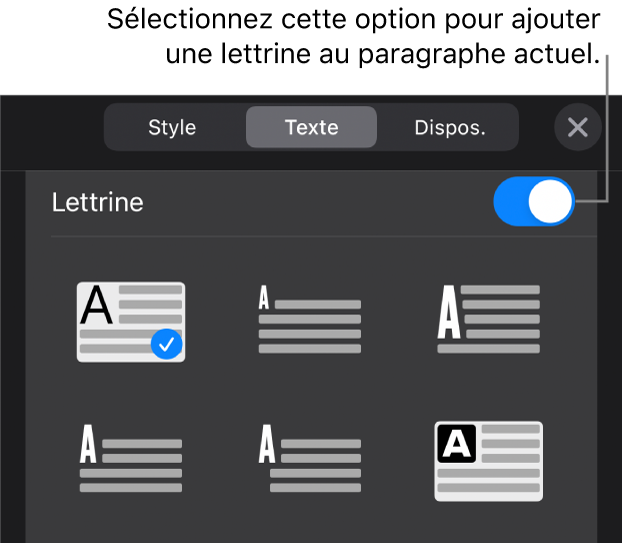 Les commandes Lettrine situées dans le menu Texte.