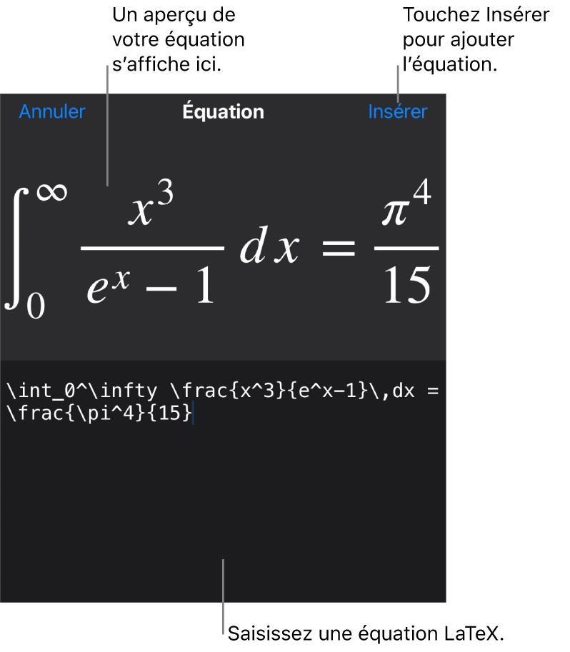 Zone de dialogue Équation, affichant une équation composée à l’aide des commandes LaTeX, et un aperçu de la formule au-dessus.