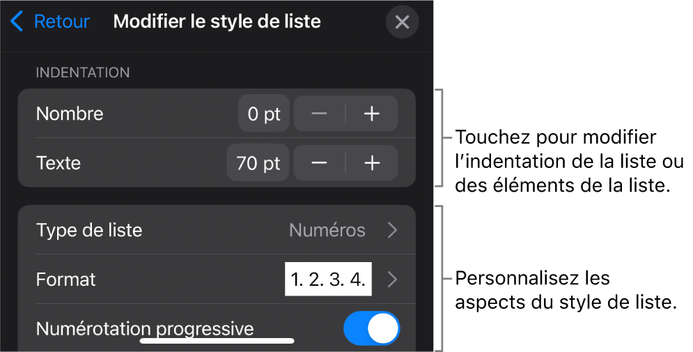 Le menu « Modifier le style de liste » avec des commandes permettant de modifier le type et l’apparence de la liste.