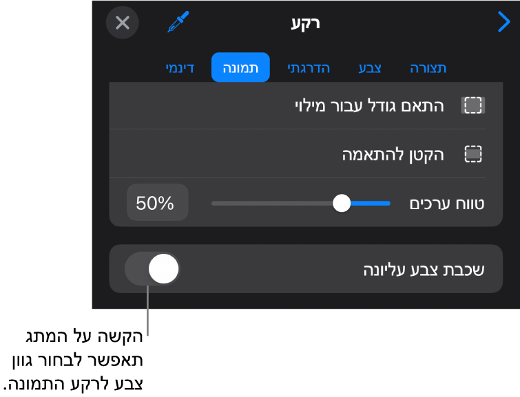 כלי הבקרה של ״רקע״, עם תמונה שמוגדרת כרקע של השקף. בחלק התחתון נמצא כלי הבקרה ״כיסוי בצבע״.