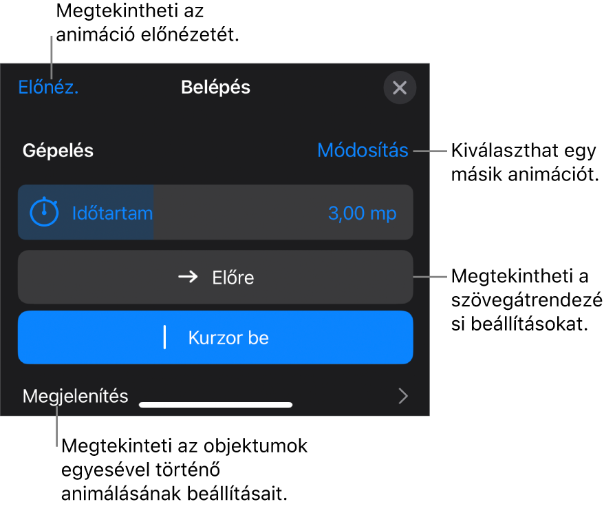 Az Animációra vonatkozóan megadhatja az időtartam, a szöveganimáció és a végrehajtás beállításait. Ha másik animációt szeretne választani koppintson a Módosítás lehetőségre, vagy az Előnézet lehetőségre koppintva megtekintheti az animáció előnézetét.