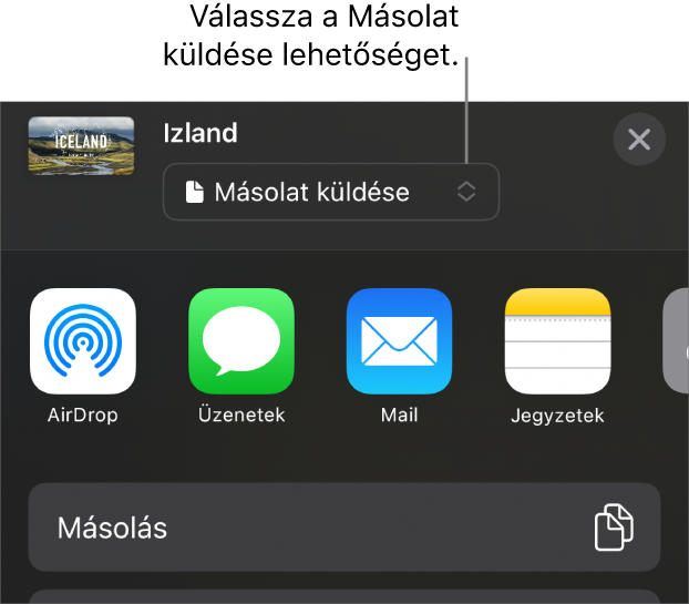 A Megosztás menü a felül elhelyezkedő Másolat küldése lehetőséggel.