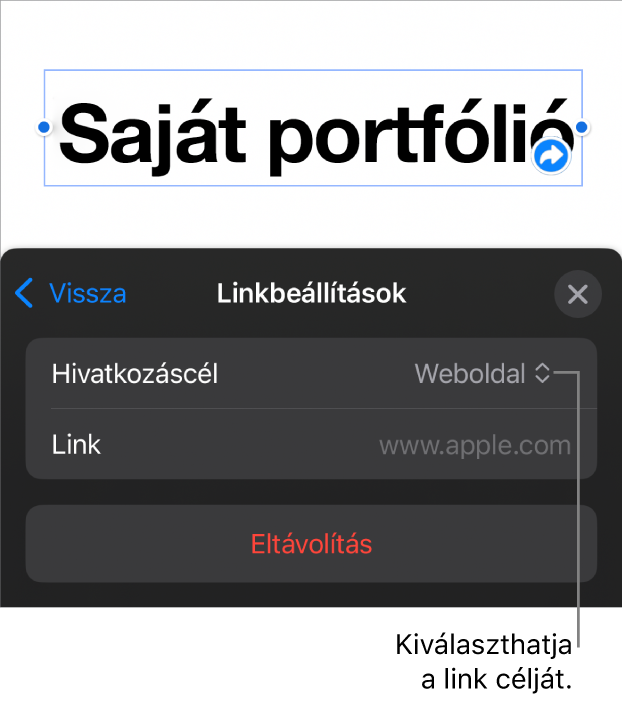 A Linkbeállítások vezérlői a kijelölt Weboldal elemmel, illetve az alul megjelenő Eltávolítás gombbal.