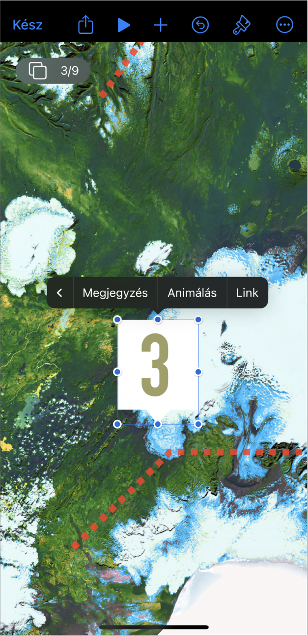 A Keynote app egy kijelölt objektummal. A kijelölt objektum felett megjelenő menüben az Animálás gomb látható.
