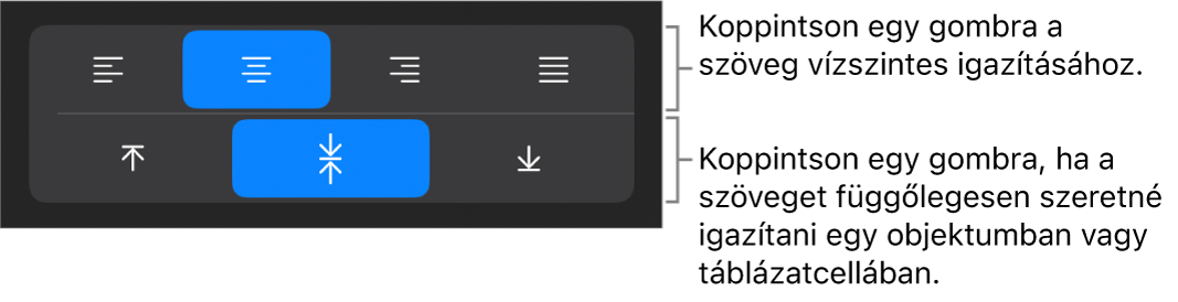 A szövegek vízszintes és függőleges igazítására szolgáló gombok.