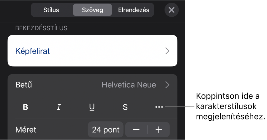 A formázásvezérlők a bekezdésstílusokkal a képernyő tetején, amelyeket a betűtípus-vezérlők követnek. A Betűtípus alatt a Félkövér, Dőlt, Aláhúzott, Áthúzott és További szövegbeállítások gombok találhatók.