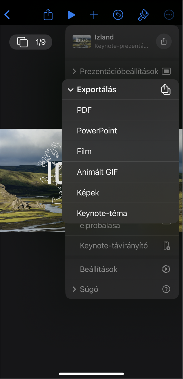 A Keynote app a megnyitott exportálási lehetőségekkel az eszközsor Továbbiak menüjében.