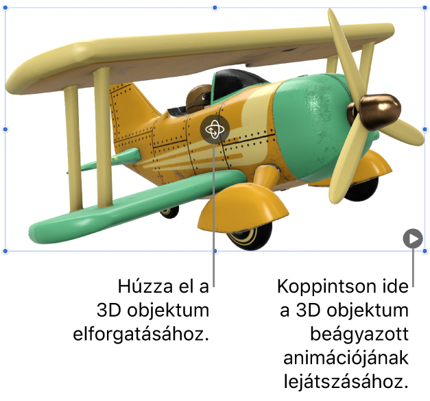 Egy 3D-objektum, az objektum közepén a forgatás gombbal, és a jobb alsó sarokban a lejátszás gombbal.