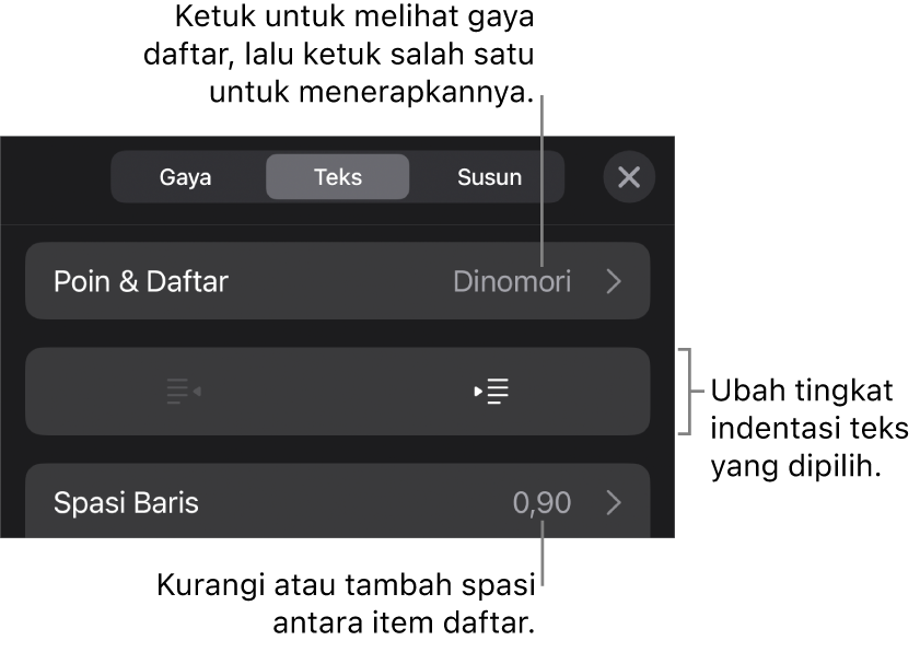 Bagian Poin & Daftar dari kontrol Format dengan keterangan ke Poin & Daftar, tombol indentasi luar dan indentasi dalam, serta kontrol spasi baris.