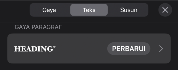 Gaya paragraf dengan asterisk di sampingnya dan tombol Perbarui di sebelah kanan.