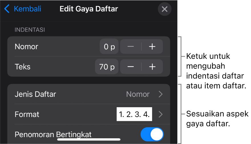 Menu Edit Gaya Daftar dengan kontrol untuk mengedit jenis dan tampilan daftar.