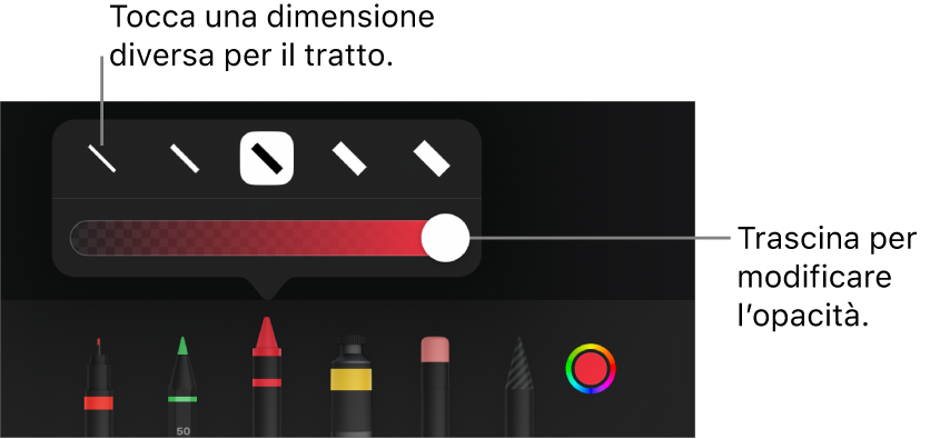 Controlli per scegliere una dimensione tratto e cursore per regolare l’opacità.