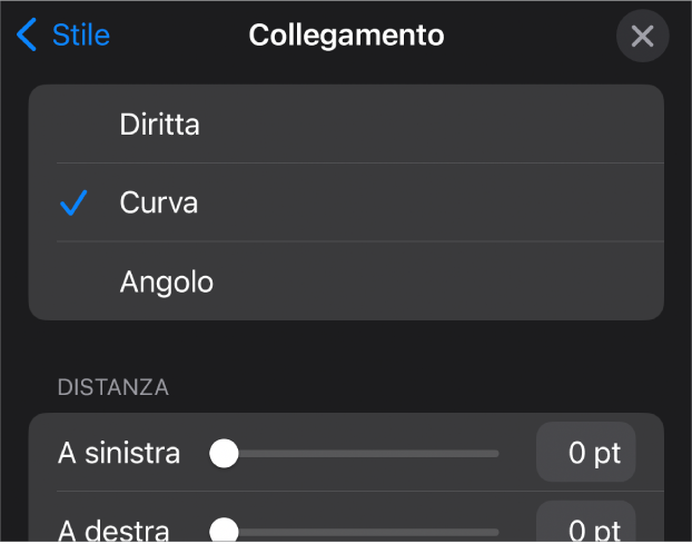 I controlli Connessione con Curva selezionato.