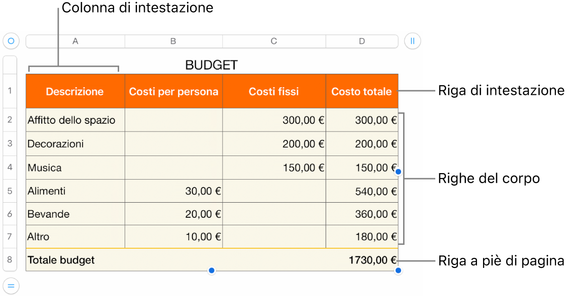 Tabella con righe e colonne di intestazione, corpo e piè di pagina, nonché le maniglie per aggiungere o eliminare righe o colonne.