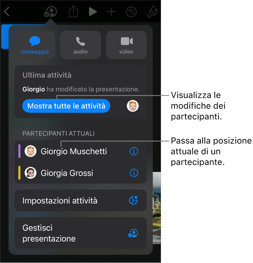 Il menu per la collaborazione i partecipanti attuali elencati.