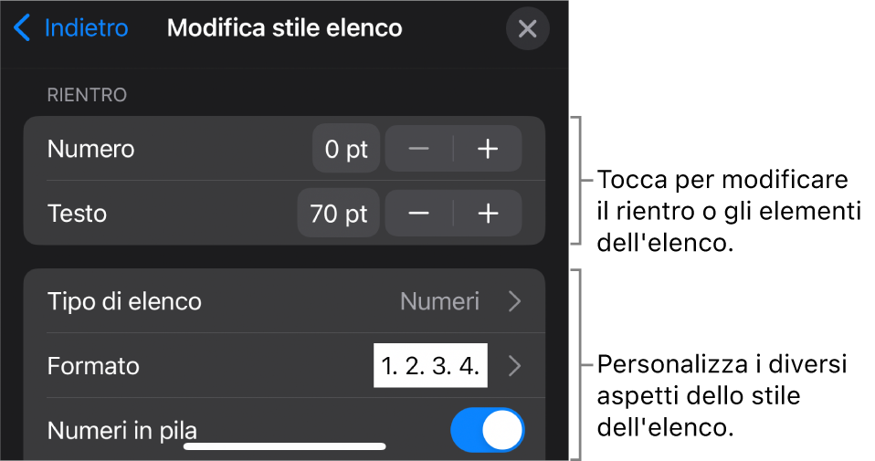 Menu “Modifica stile elenco” con controlli per modificare il tipo e l’aspetto dell’elenco.