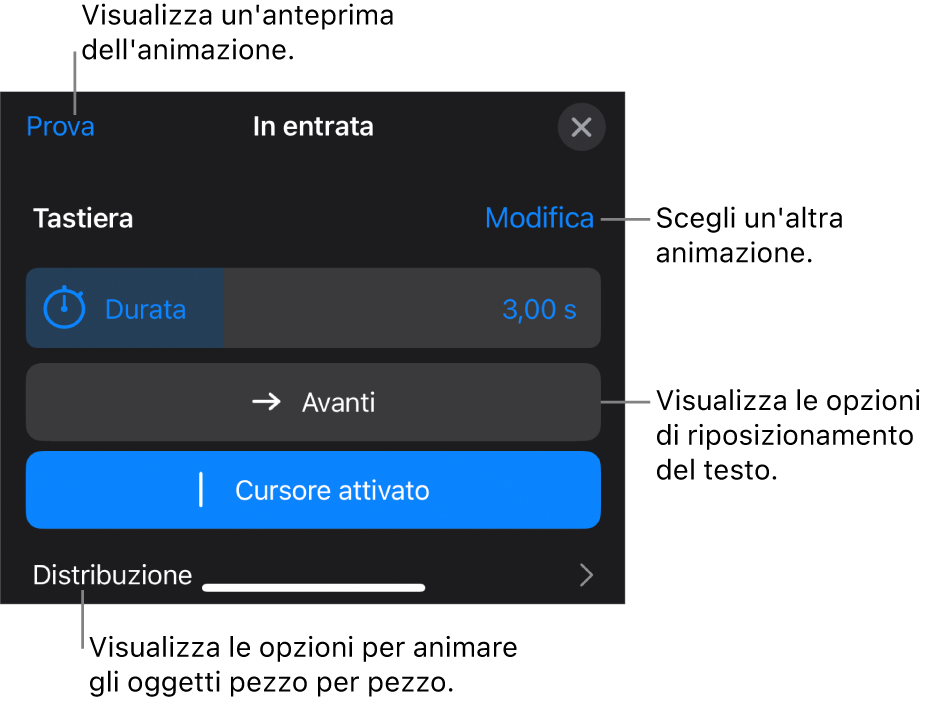 Le opzioni di animazione includono Durata, “Animazione testo” e Distribuzione. Tocca Modifica per scegliere un’animazione differente oppure tocca Anteprima per visualizzare l’anteprima dell’animazione.