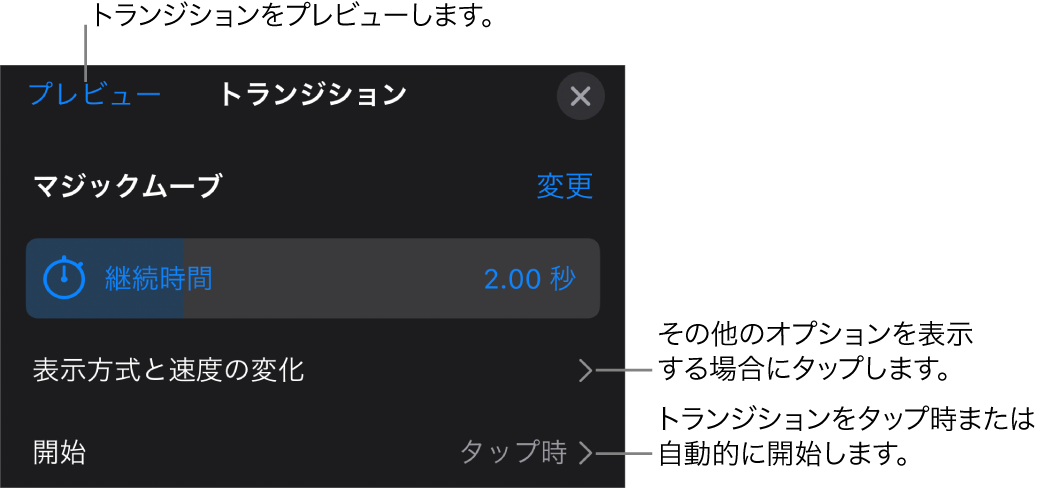 「トランジション」パネルに表示されている「マジックムーブ」コントロール。