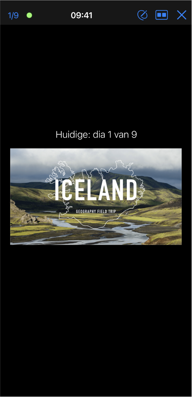 De Keynote-app met de presentatorweergave. De huidige dia staat in het midden van het scherm. Boven in het scherm staat een knoppenbalk met links het aantal dia's, in het midden de tijd en rechts een tekenknop, een lay-outknop en een knop om de presentatie te stoppen.