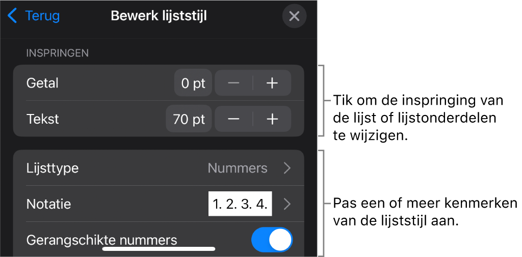 Het menu 'Bewerk lijststijl' met regelaars voor het wijzigen van het lijsttype en de vormgeving van de lijst.