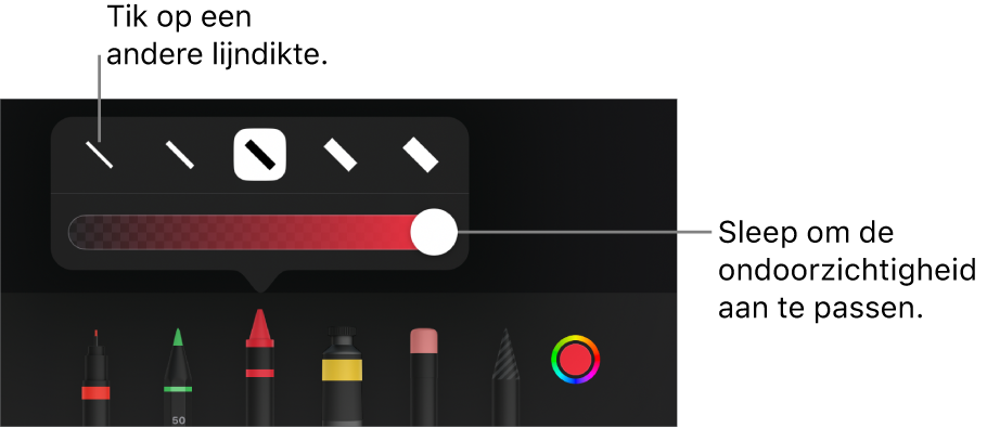 Regelaars voor het kiezen van een lijndikte en een schuifknop voor het aanpassen van de ondoorzichtigheid.