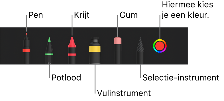 De knoppenbalk voor tekenen met een pen, potlood, krijt, vulinstrument, gum en selectie-instrument en een kleurenvak met de huidige kleur.