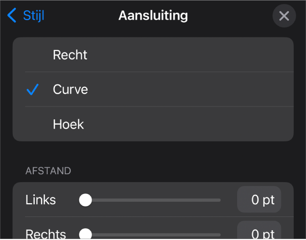 De aansluitingsregelaars waarbij 'Curve' is geselecteerd.